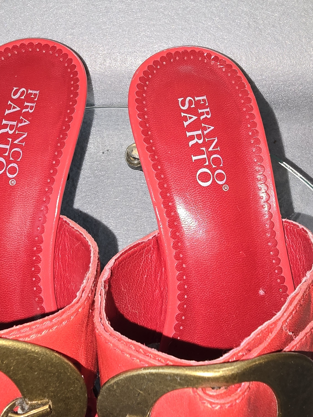 Franco Sarto Red Leather Thong Sandals with Gold Accent 2in heel - Picture 3 of 6